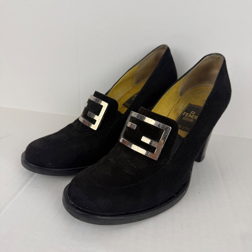 Fendi Vintage Black Suede Zucca FF Buckle Block Heel Pumps Made in Italy Size 8